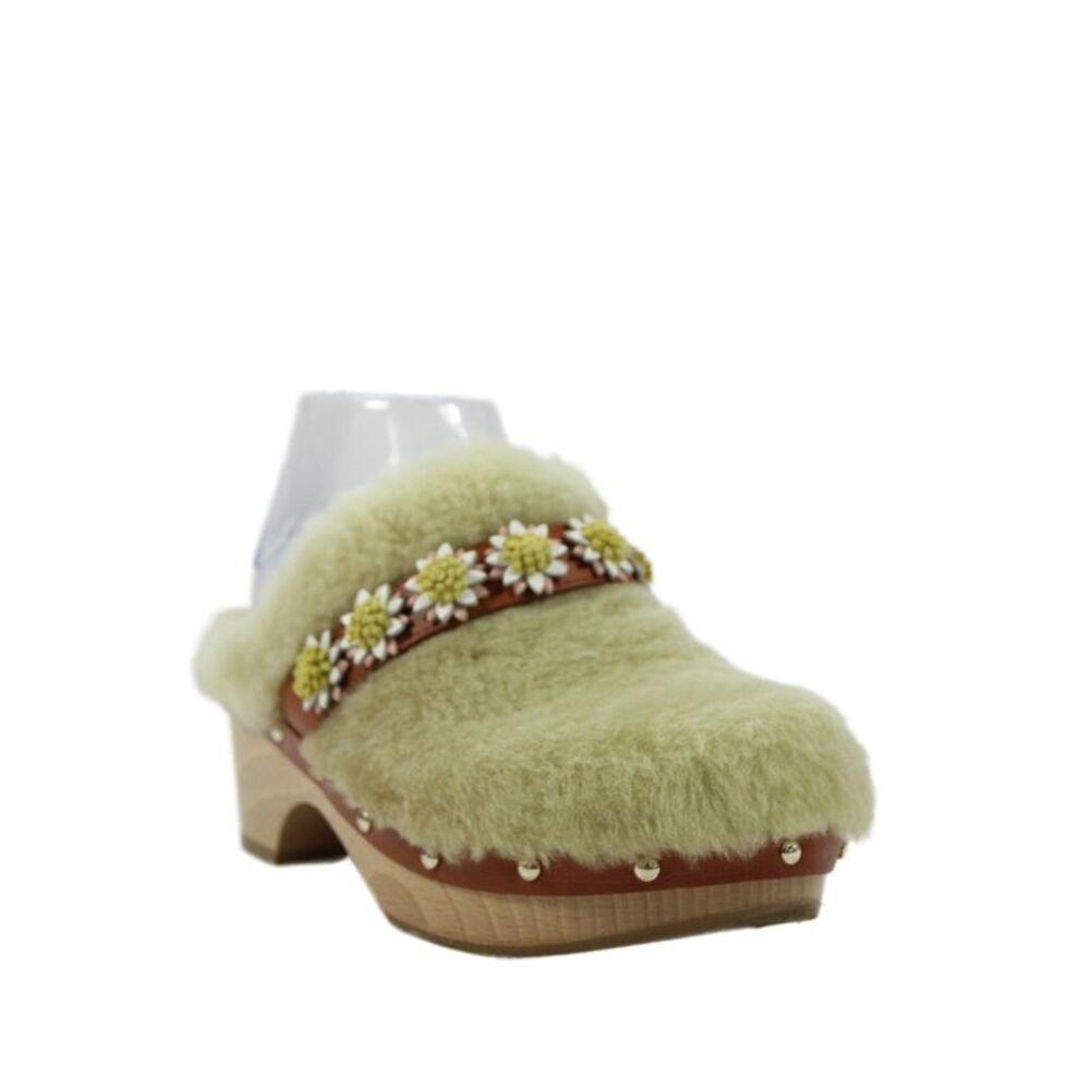 Fabrizio Viti Womens Faux Fur Floral Detail Clog Heels White Brown Size 37 7